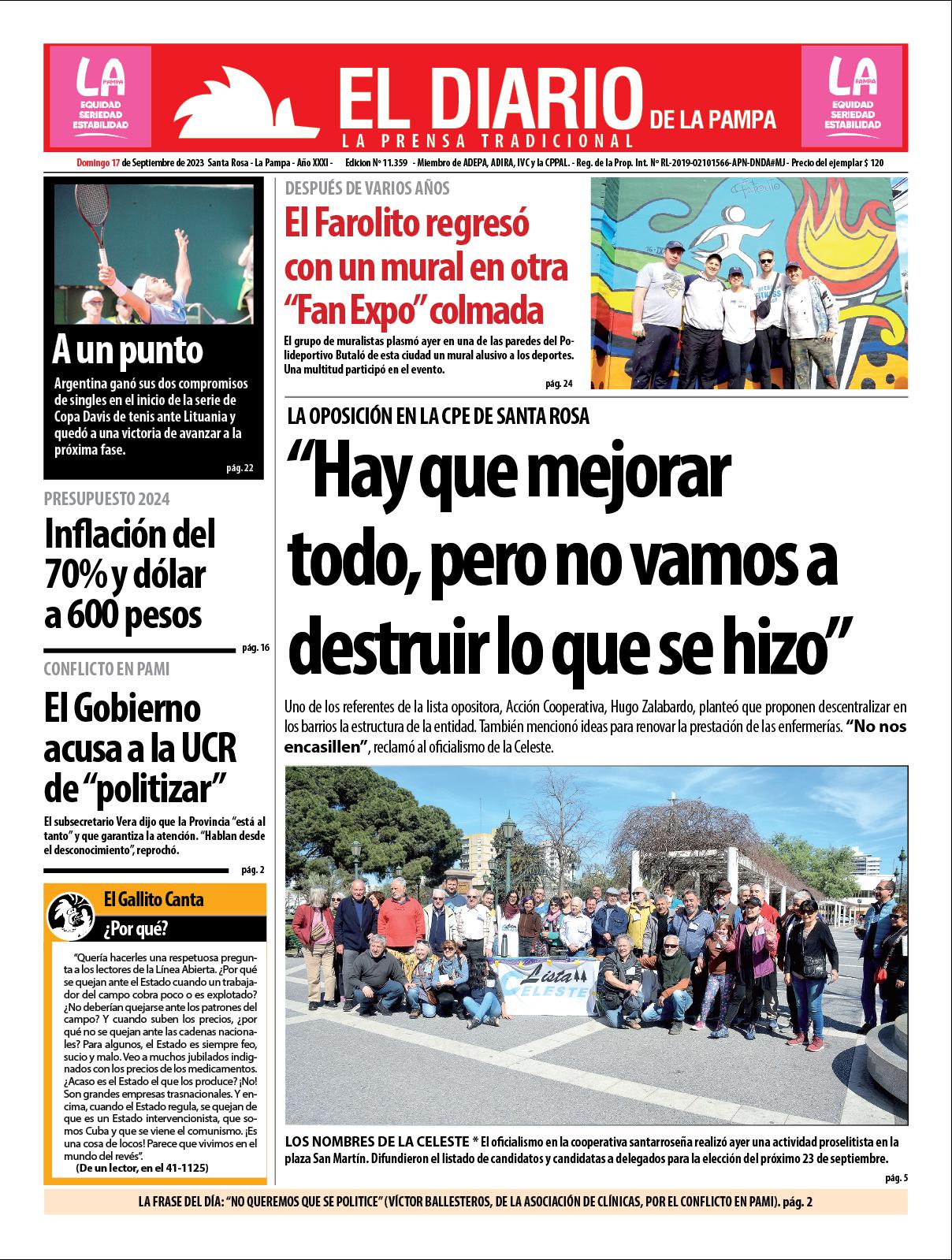Tapa de El Diario en papel  domingo 17 de septiembre de 2023